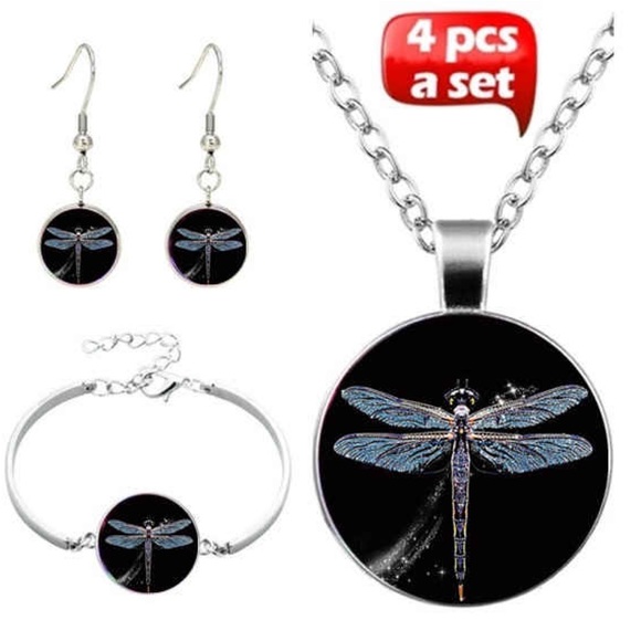 Dragonfly Cabochon Glass Pendant Necklace Earrings & Bracelet Set - Picture 2 of 4